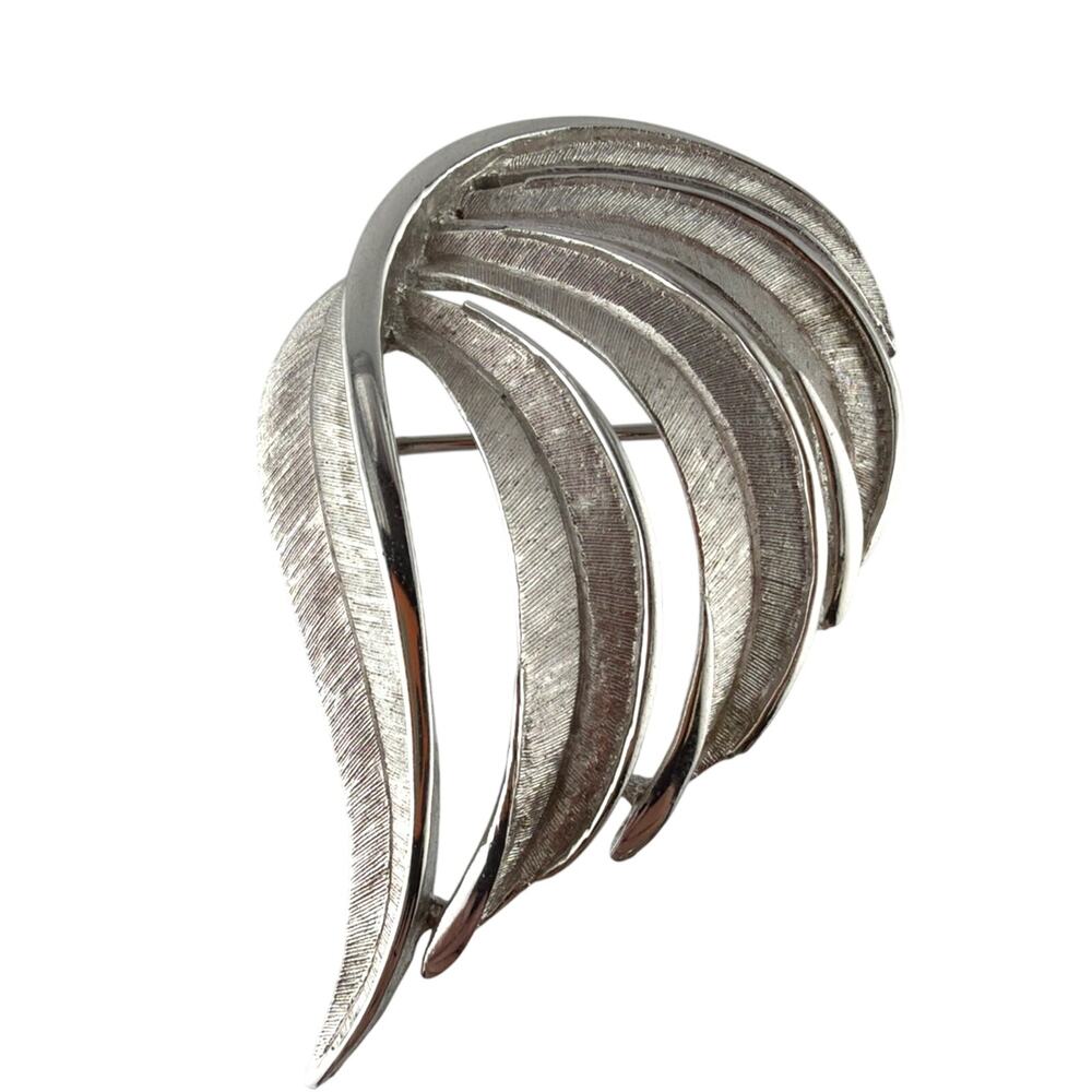 Vintage Trifari Brushed Silver Tone Leaf Brooch